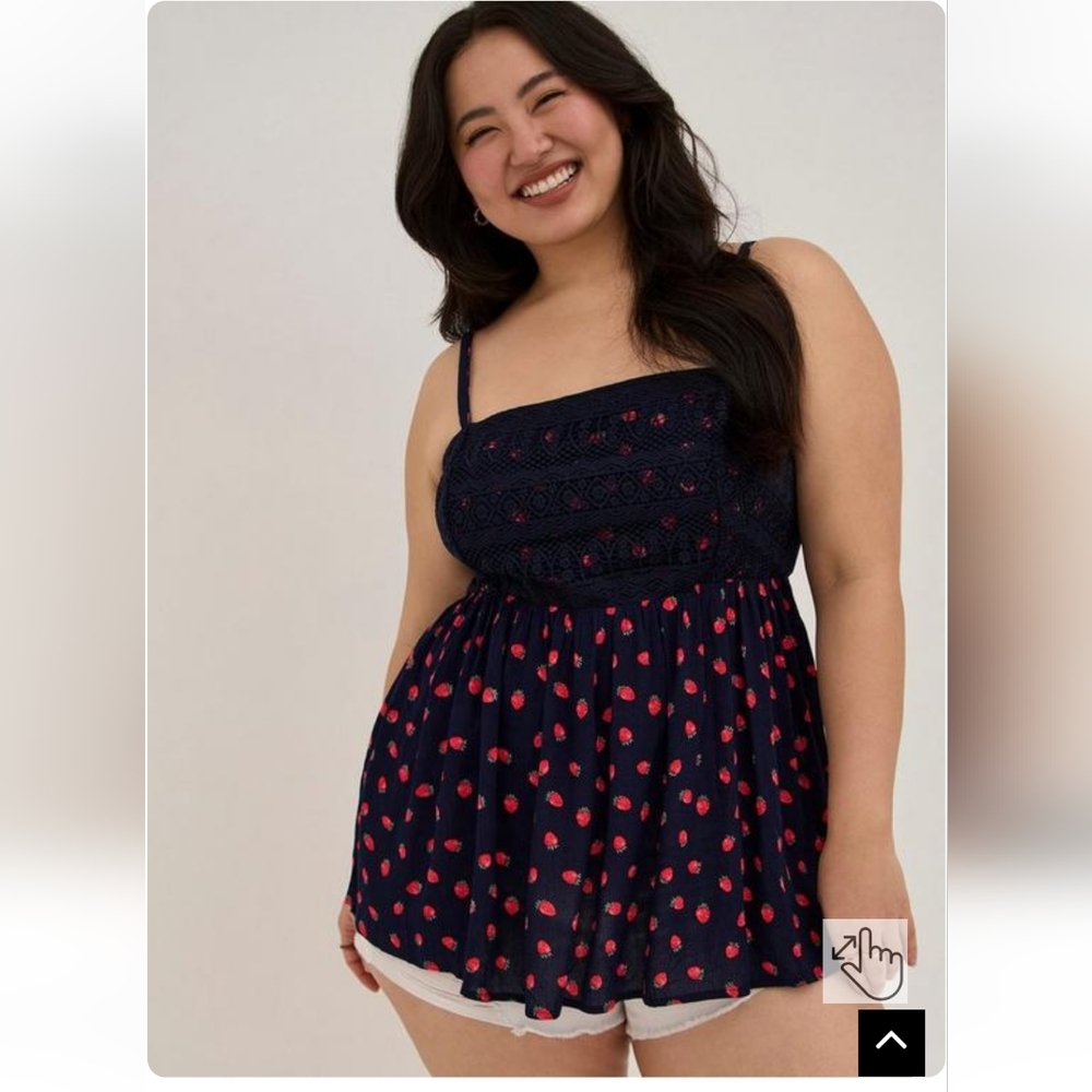 Torrid 1X Babydoll Tank - Gauze Crochet Strawberries Navy